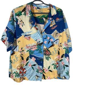 Old Navy Womens Playa Beach Scene Button Up Shirt Sz L Vacation Cruise Coastal